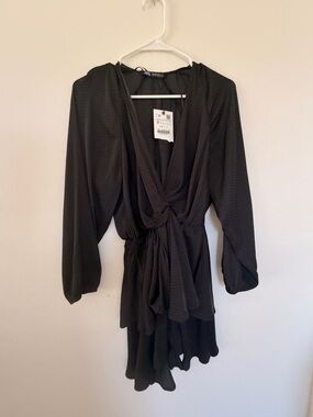 Zara Black Long-Sleeve Draped Knot Front Mini Dress polka dots